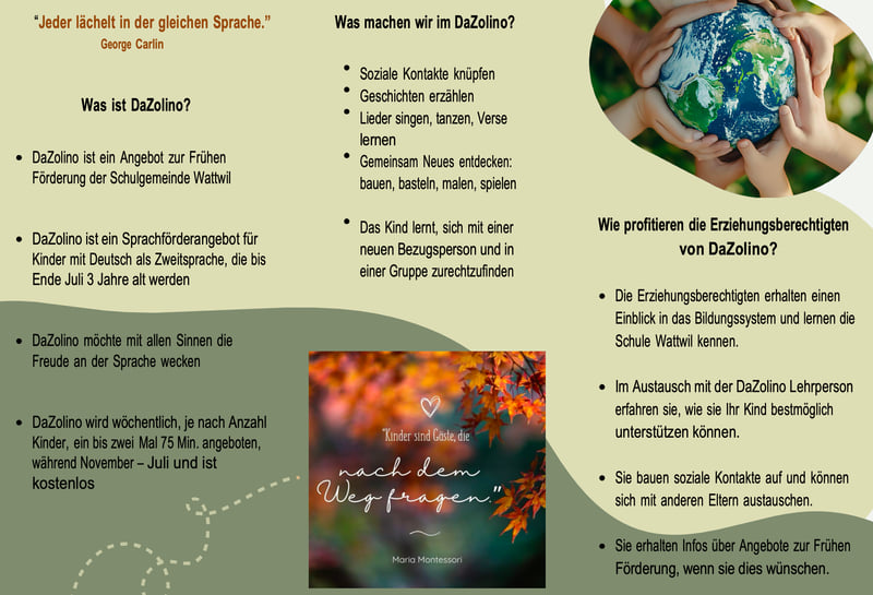 DaZolino-Flyer, Seite 2: Was ist DaZolino? Was machen wir? Wie profitieren die Eltern? (grosse Ansicht öffnen)