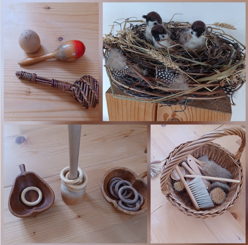 Spielsachen aus Holz und Naturmaterialien, Nest mit Spatzen